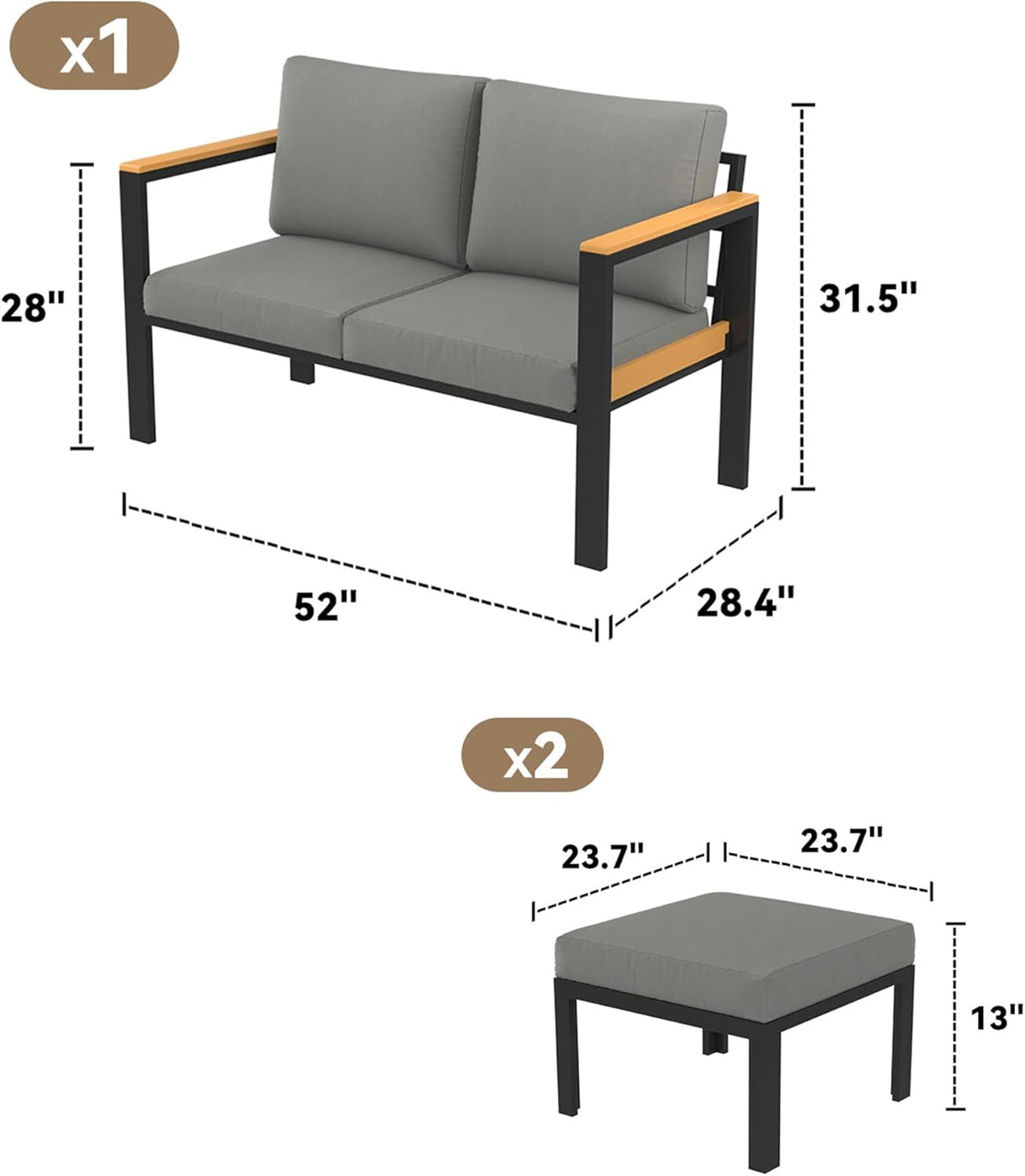 HOMREST Outdoor Couch Aluminum Patio Furniture Sofa, Loveseat and Ottoman, All-Weather Metal Outdoor Patio Furniture with Cushions, (Dark Grey) | Sofa