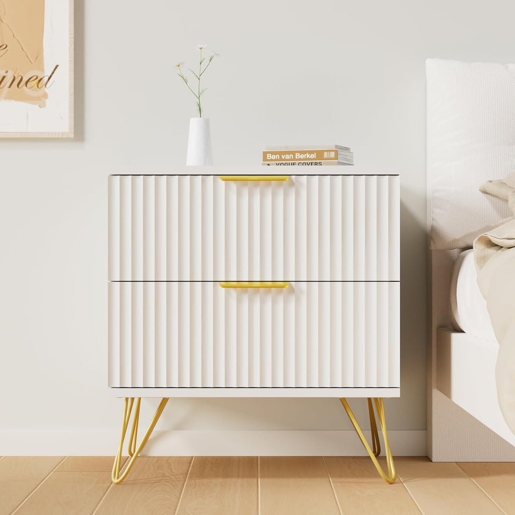 White Nightstand Set of 2, Modern Night Stand Bedside Table with 2 Storage Drawer, Bed Side End Table with Golden Handles and Legs for Bedroom, White