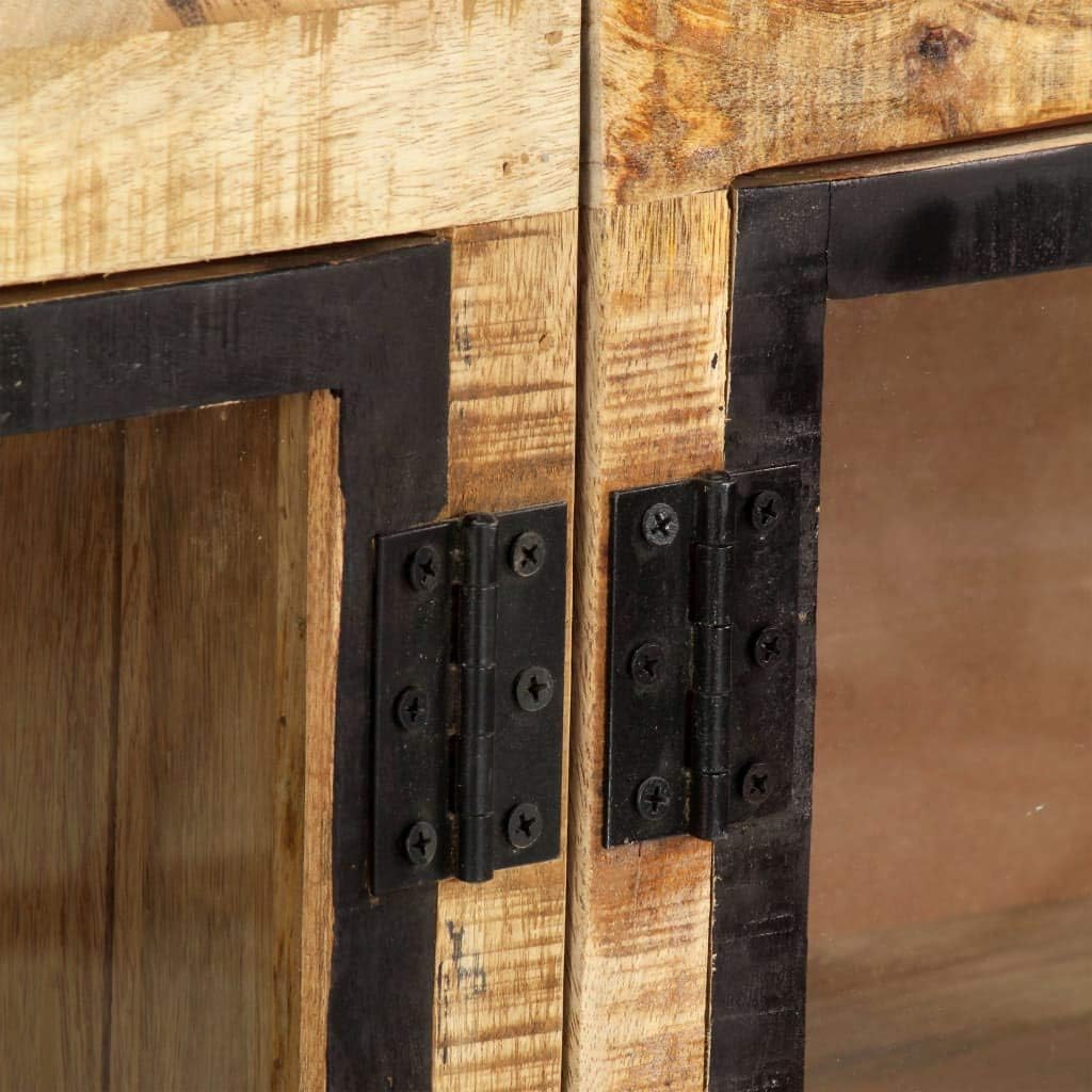 Industrial Style Solid Mango Wood Sideboard with Brown Finish and Black Accents, 63 Inch Length for Ample Storage, Durable Furniture for Living Room or Dining Area, Unique