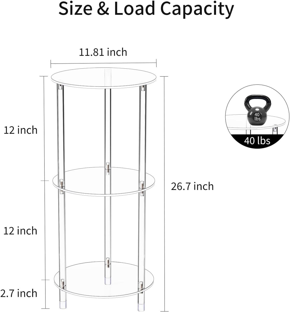Clear Round Acrylic Side Table for Small Spaces, 11.81" L x 11.81" W x 26.7" H, 3 Tier Small Modern Drink End Table Nightstand, Minimalist Bedside Table for Living Room, Bedroom, Bathroom