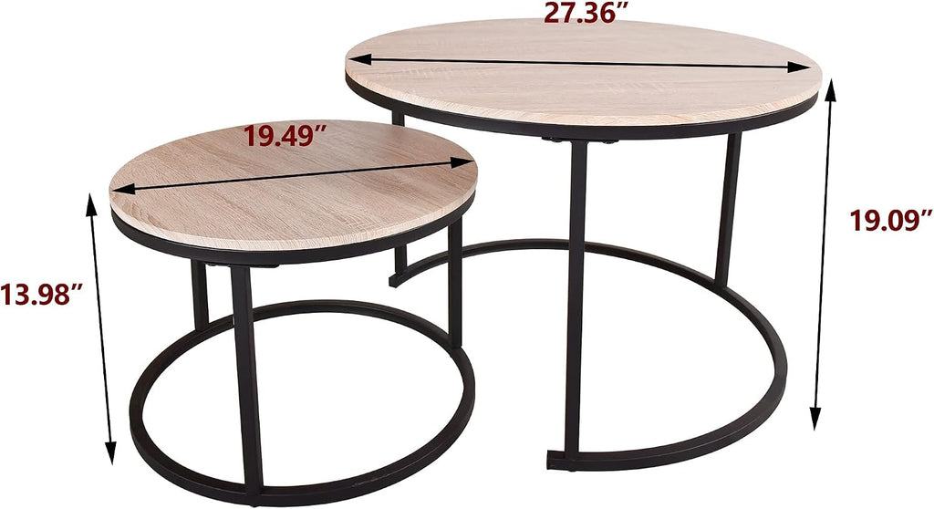 HOMERECOMMEND Round Coffee Tables Nesting Side Set of 2 End Tables for Living Room,Round Table with Solid Powder-Coated Metal Frame Natural Wood Color