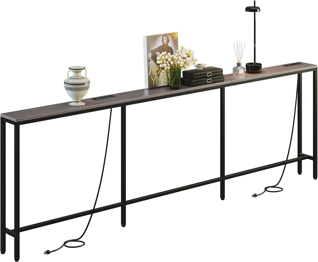102.4" Behind Couch Table with 2 Fast Charging Stations, 7.1" Narrow Skinny Sofa Table with 4 Power Outlets, 4 USB-A, 2 USB-C for Console Entryway, Black Oak