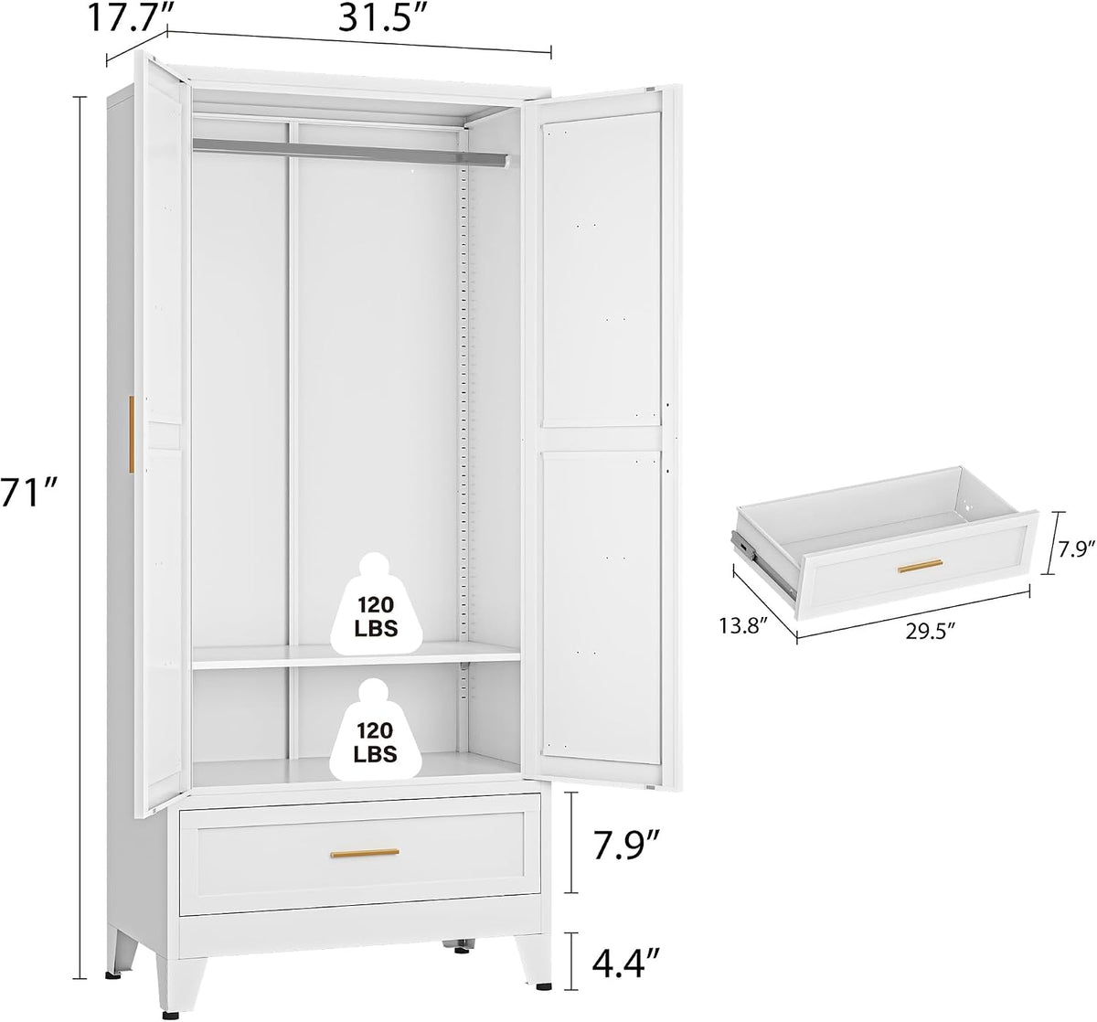 Metal Armoire Wardrobe Closet, Bedroom Armoires with Drawers | 71'' Metal Wardrobe Cabinet with 2 Doors and 2 Adjustable Shelves,Laundry Room Cabinets,Large Wardrobe Closet