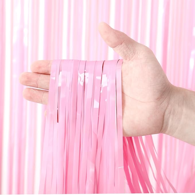 2 Pack Pastel Pink Tinsel Foil Fringe Curtains, Pink Party Decorations, Metallic Tinsel Party Streamers Backdrop for Birthday Baby Shower Graduation Wedding Gender Reveal Party Decorations