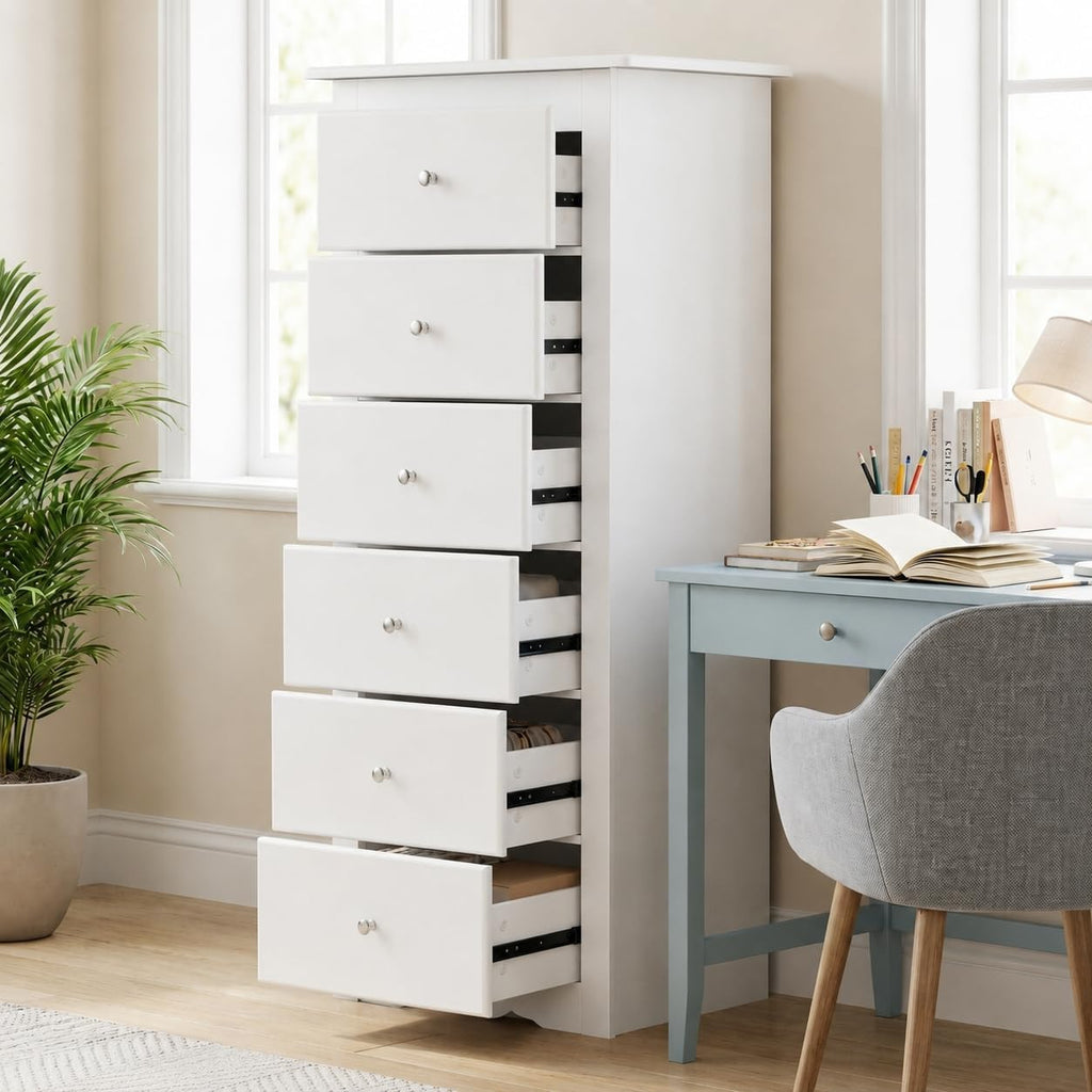 POWERSTONE 6-Drawer Storage Cabinet, 53 Inch Tall Wooden File Cabinet with Metal Pull Handles, Multi-Functional Office Supplies Organizer for Home Office, Living Room, Hallway, Entryway, White