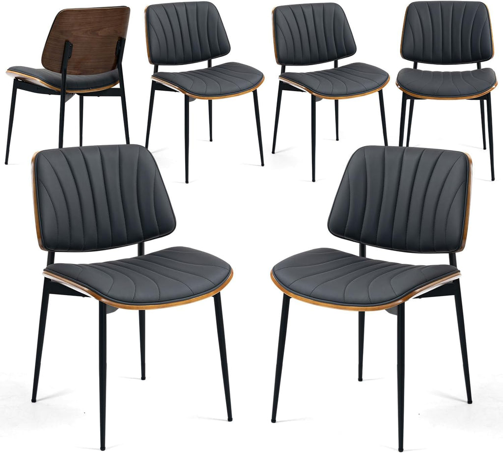 AVAWING Walnut Dining Chairs Set of 6, Mid Century Modern Dining Chairs PU Leather Upholstered Kitchen Chairs with Walnut Bentwood Back & Metal Legs for Dining Room, Kitchen, Living Room, Black