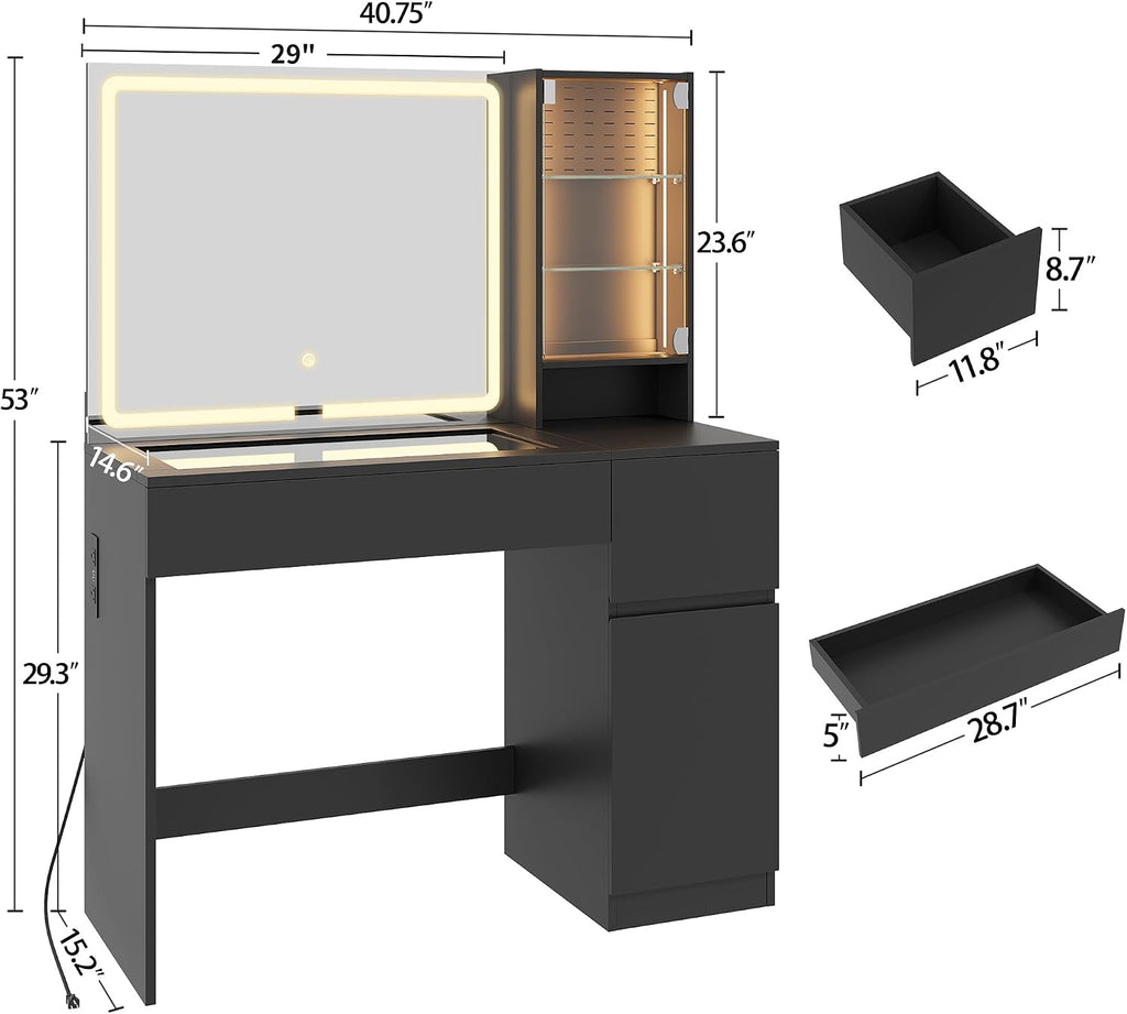 wanan Vanity with Glass Top, Black Vanity Desk with Mirror and Lights, Jewelry Storage, Power Outlet, 3 Adjustable Lighting Modes, Makeup Vanity with 2 Drawers for Bedroom