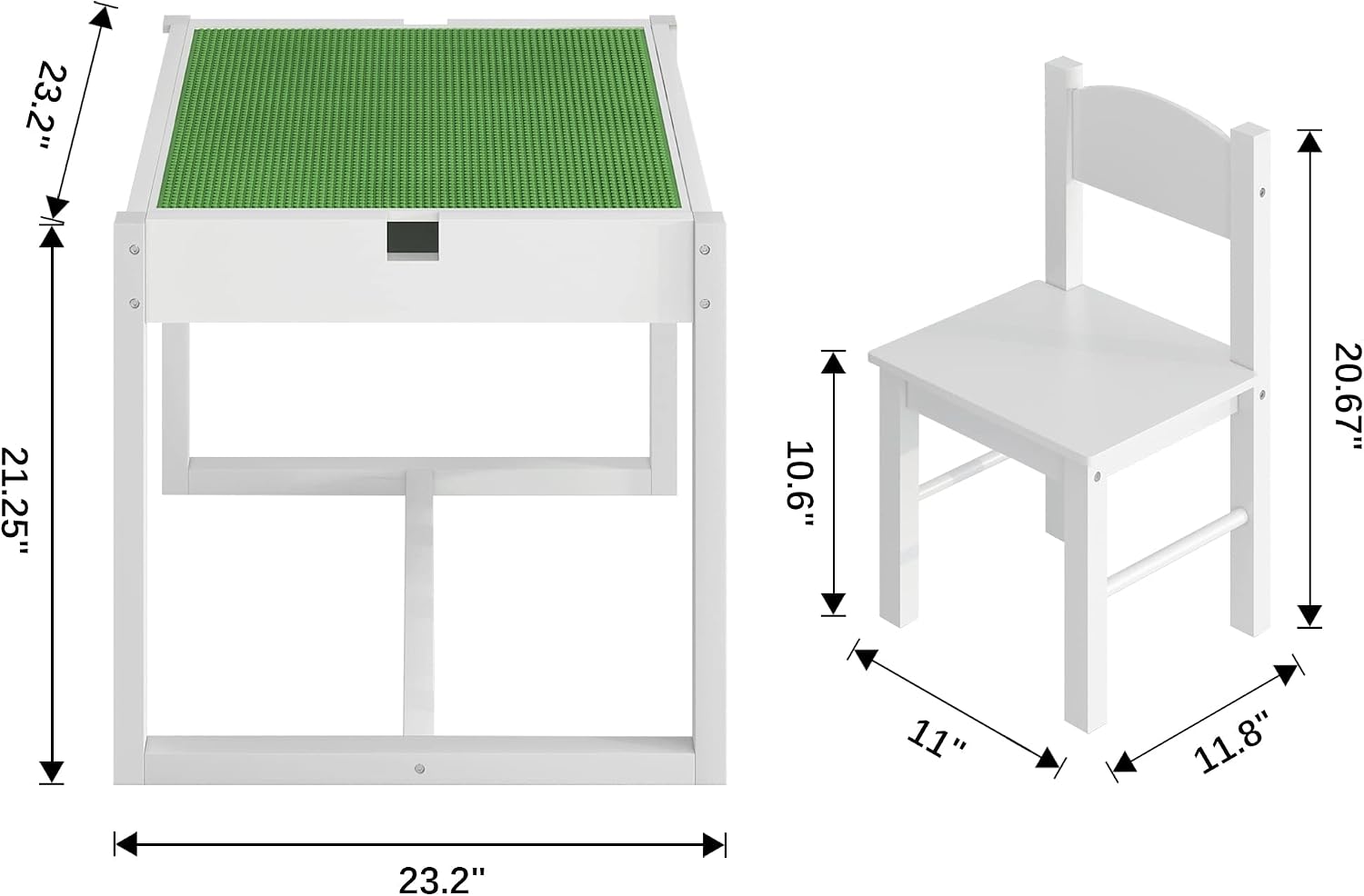 4NM 3 in 1 Kids Table Set, Children Tables and Chairs, Toddler Play Activity Table with Hidden Storage Wood Building Block Desk for Ages 3-7 - White Green