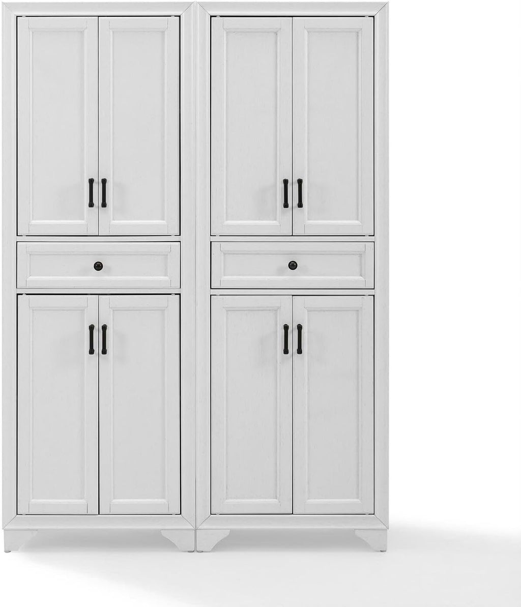 HomeStock 2-Piece Pantry Set - Distressed White Storage Cabinets - Adjustable Shelving - Modular Design