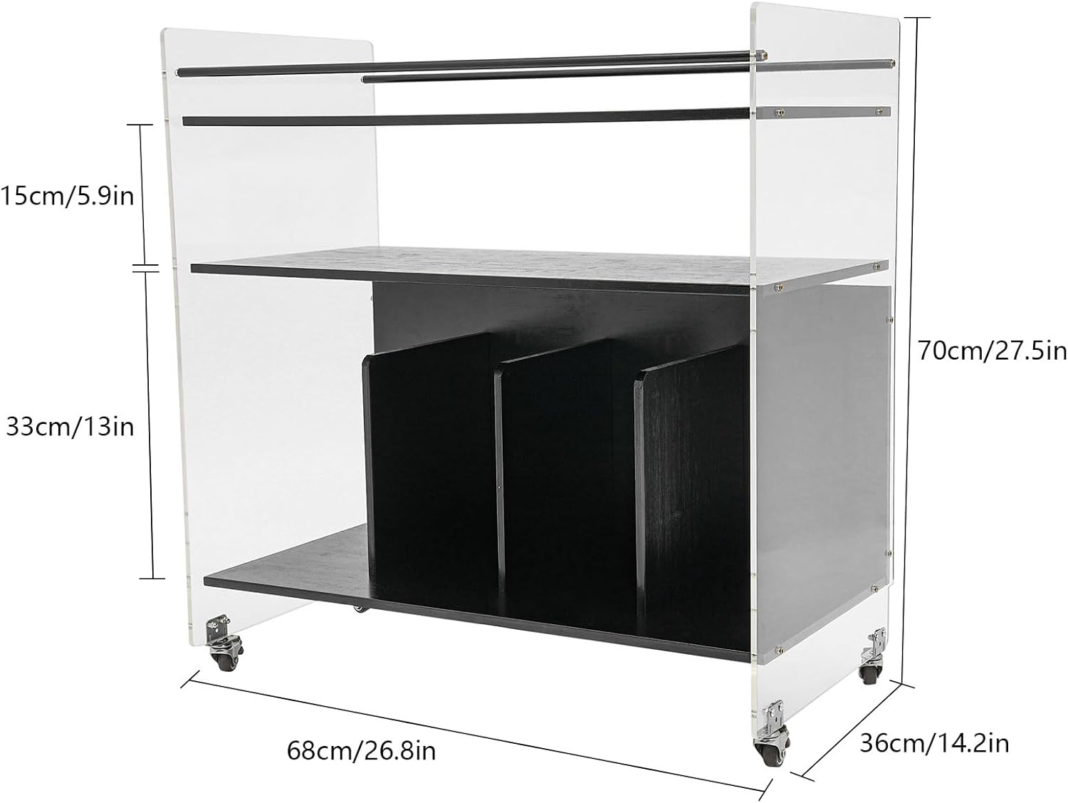 Acrylic End Table with Wheels, 3-Tier Clear Sofa Side Table, Modern Coffee Table with Shelf, Rolling Storage Acrylic Cart Home Decor Nightstand for Living Room Bedroom (Black)