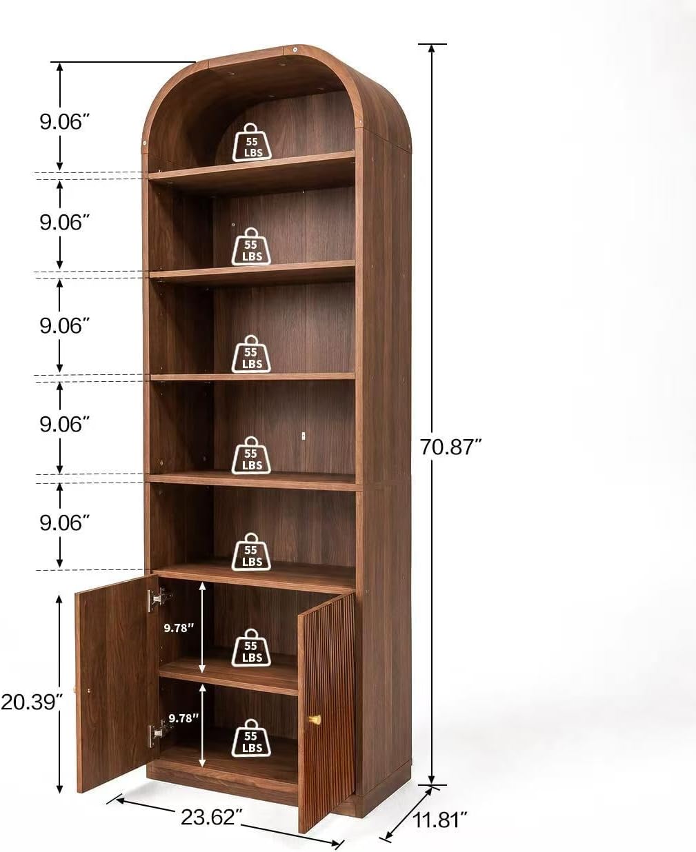 71" Tall Arched Bookshelf with Door, 7 Tiers Arched Bookcase with Storage, Adjustable Book Shelves for Living Room, Kitchen, Home Office, Walnut