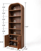 71" Tall Arched Bookshelf with Door, 7 Tiers Arched Bookcase with Storage, Adjustable Book Shelves for Living Room, Kitchen, Home Office, Walnut