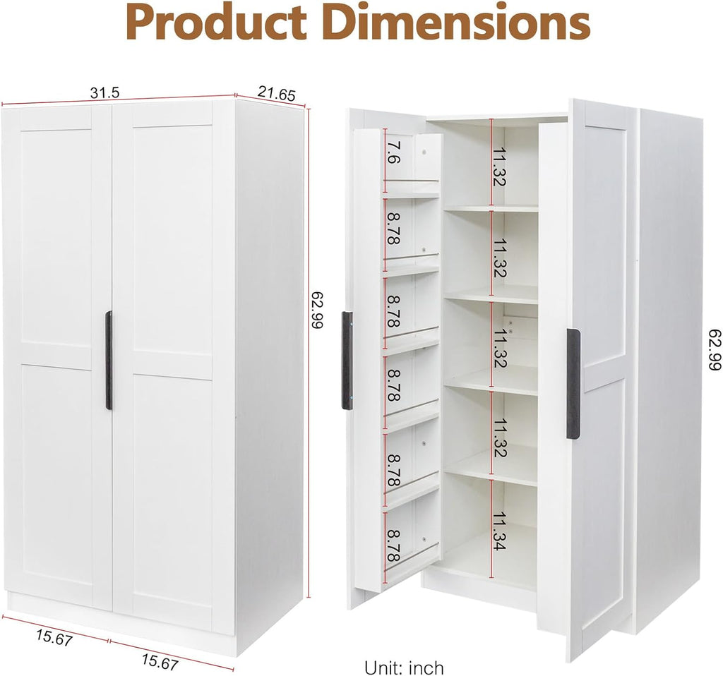 63” Tall Kitchen Pantry Cabinet, Pantry Storage Cabinet with Doors & Shelves, Freestanding Storage Cupboard for Dining Room Living Room, Wooden Structure, Easy Assembly (White)