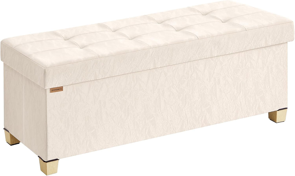 SONGMICS Storage Ottoman Bench, PU Leather Foldable Footrest, Padded Seat | Chest for Bedroom, 43.3 x 15 x 15.7 inches, Light Warm White, MINOTA Collection ULSF524WD01