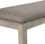 Pemberly Row Contemporary Wood and Fabric Dining Bench, 63.5" Wide, Wire-Brushed Brownish Gray Finish, Light Gray Linen Upholstery, Nailhead Trim, Rustic Style Kitchen or Dining Room Seating