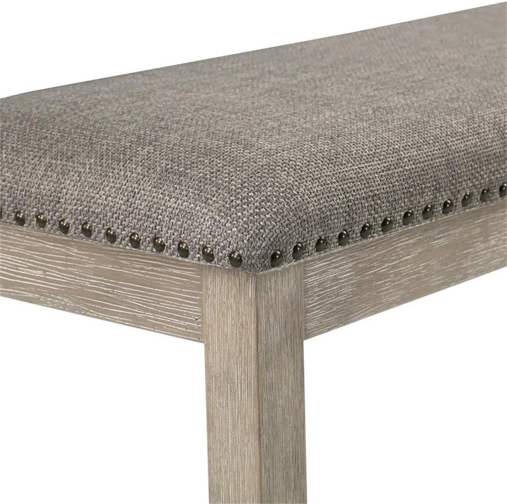 Pemberly Row Contemporary Wood and Fabric Dining Bench, 63.5" Wide, Wire-Brushed Brownish Gray Finish, Light Gray Linen Upholstery, Nailhead Trim, Rustic Style Kitchen or Dining Room Seating
