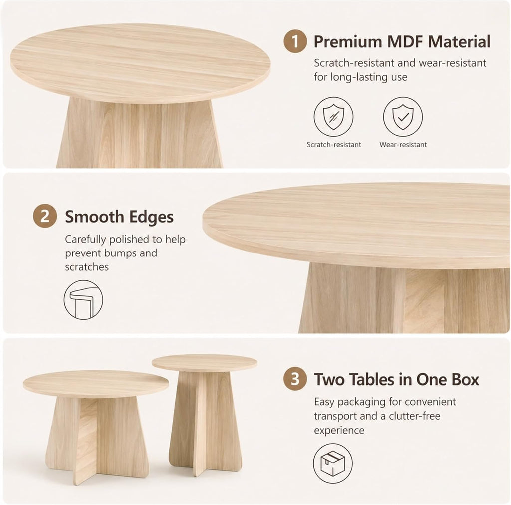 Round Wooden Coffee & Side Tables with Tapered Base, Wood | Nesting Coffee Table Set of 2, Modern Accent Furniture for Living Room Bedroom, Space-Saving Design