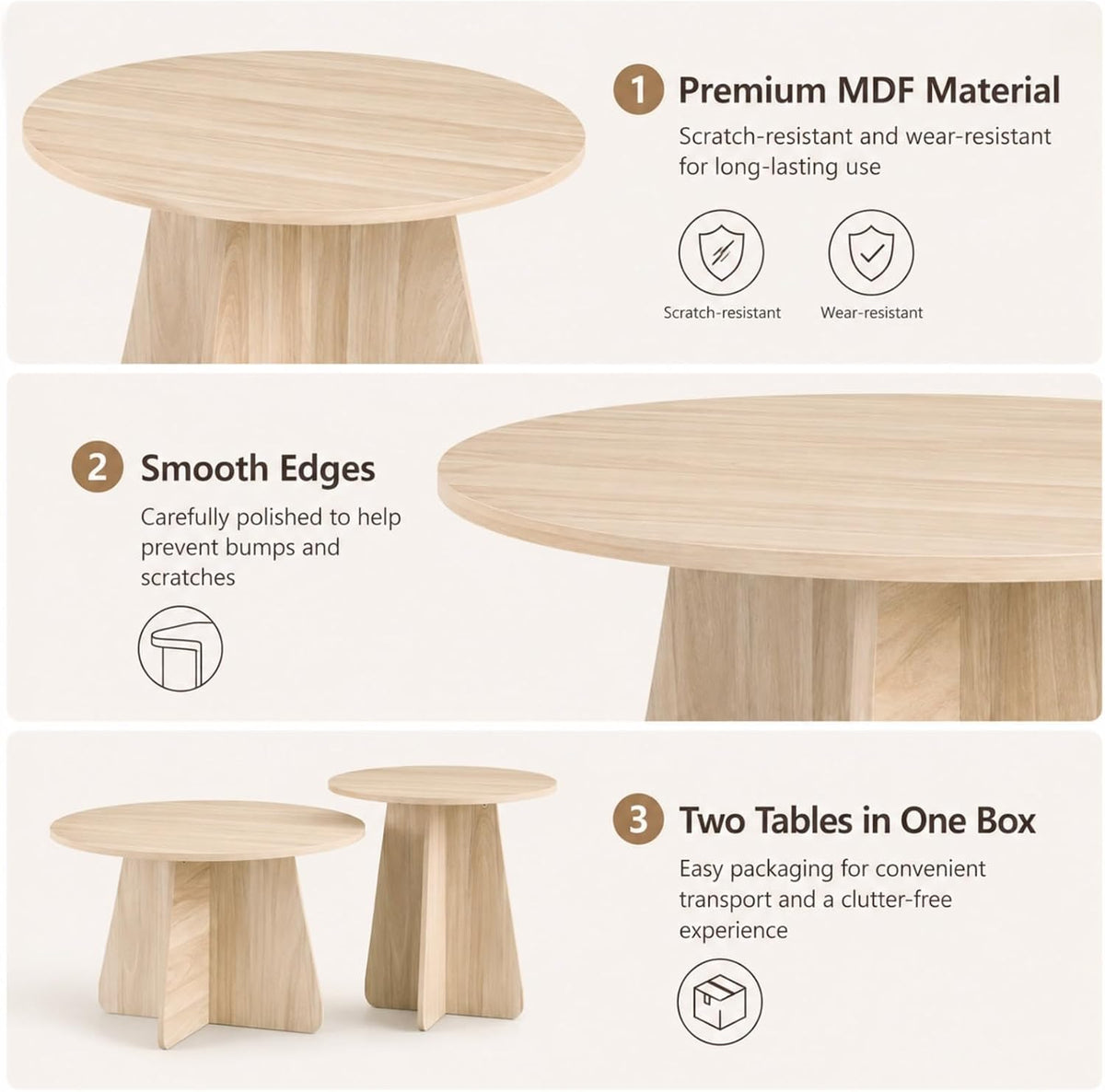 Round Wooden Coffee & Side Tables with Tapered Base, Wood | Nesting Coffee Table Set of 2, Modern Accent Furniture for Living Room Bedroom, Space-Saving Design