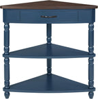 33.8'' Small Triangle Corner Table,3 Tier End Table with Open Shelf and Solid Wood Legs,Wood Corner Side Table with 1 Storage Drawer for Bedroom,Living Room,Small Spaces (Navy Blue-14)