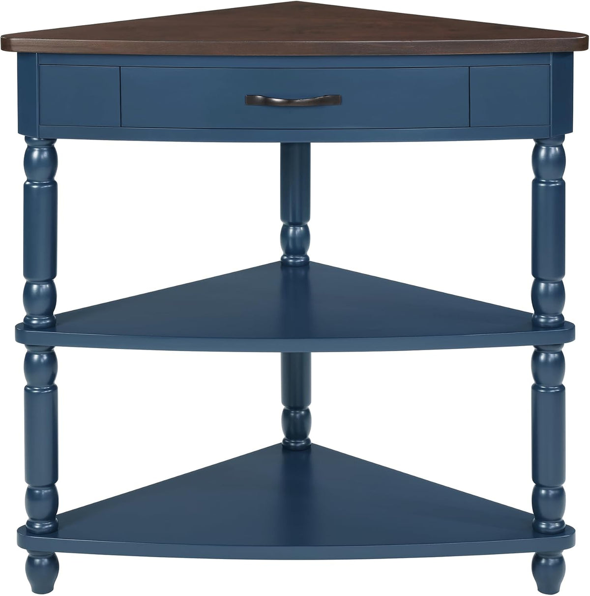 33.8'' Small Triangle Corner Table,3 Tier End Table with Open Shelf and Solid Wood Legs,Wood Corner Side Table with 1 Storage Drawer for Bedroom,Living Room,Small Spaces (Navy Blue-14)