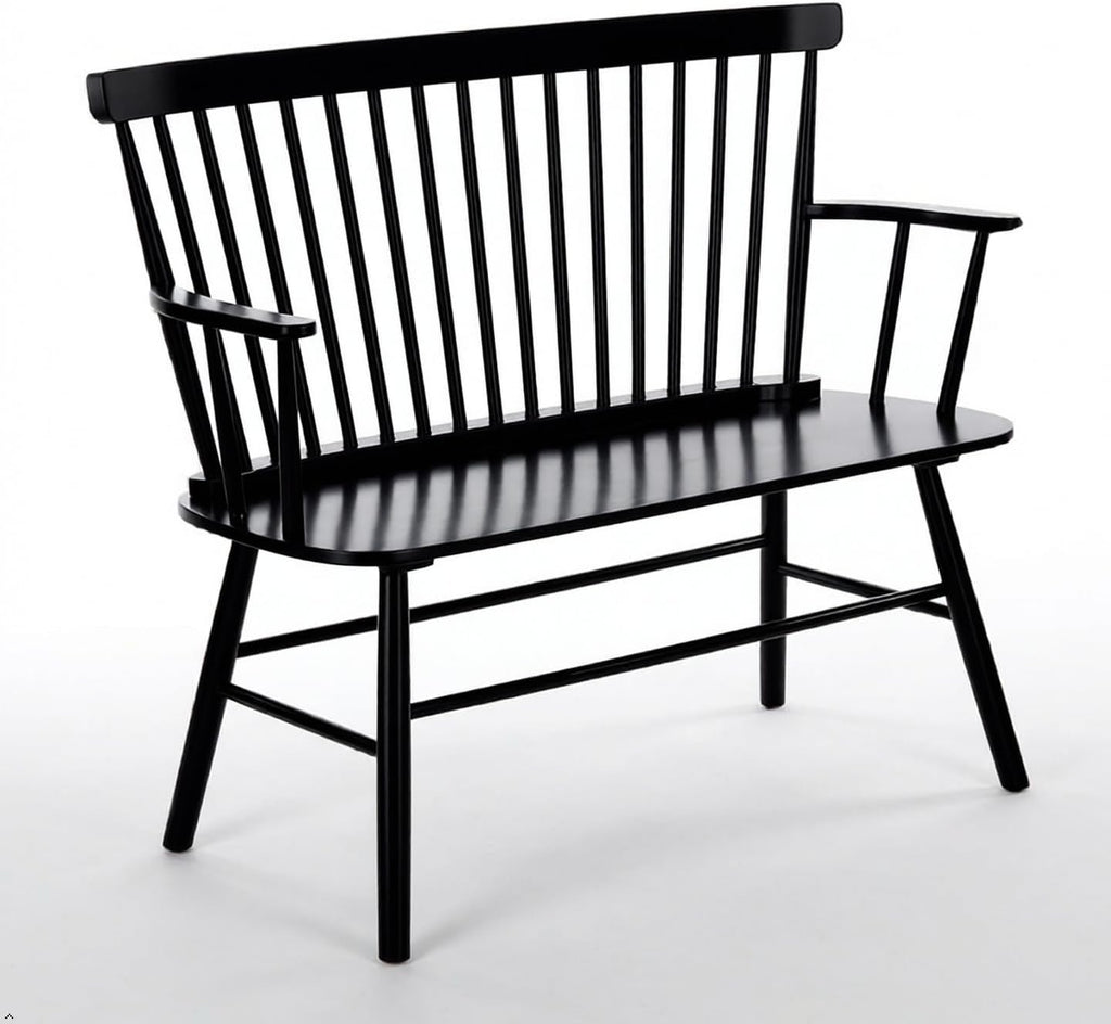 EpiBench Black Windsor Spindleback Bench with Arms, Manufactured Wood, 47.5", 300 LBS Capacity, Entryway Seating