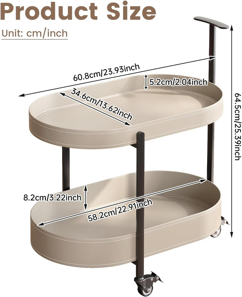 Oval End Table with Storage Shelves, 2-Tier PU Leather Tray Side Table with Wheels, Modern Sofa Table & Nightstand for Bedroom, Living Room, Compact Rolling Tray Table with Lockable Casters