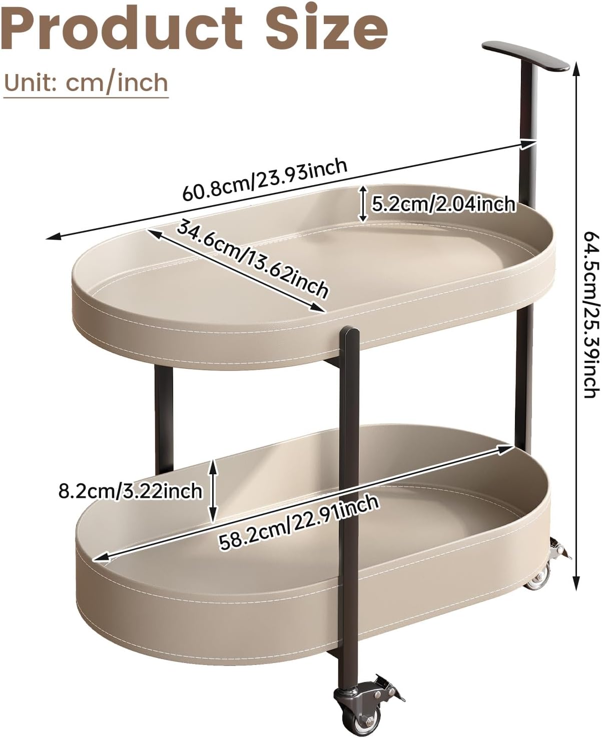 Oval End Table with Storage Shelves, 2-Tier PU Leather Tray Side Table with Wheels, Modern Sofa Table & Nightstand for Bedroom, Living Room, Compact Rolling Tray Table with Lockable Casters