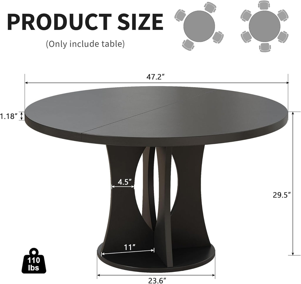iPormis 47 Inch Round Dining Table for 4-6 People, Wooden Dining Room Table with Pedestal Base, Modern Kitchen Table for Small Spaces, Black, Table Only