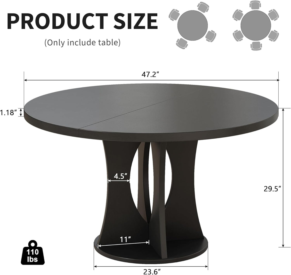 iPormis 47 Inch Round Dining Table for 4-6 People, Wooden Dining Room Table with Pedestal Base, Modern Kitchen Table for Small Spaces, Black, Table Only
