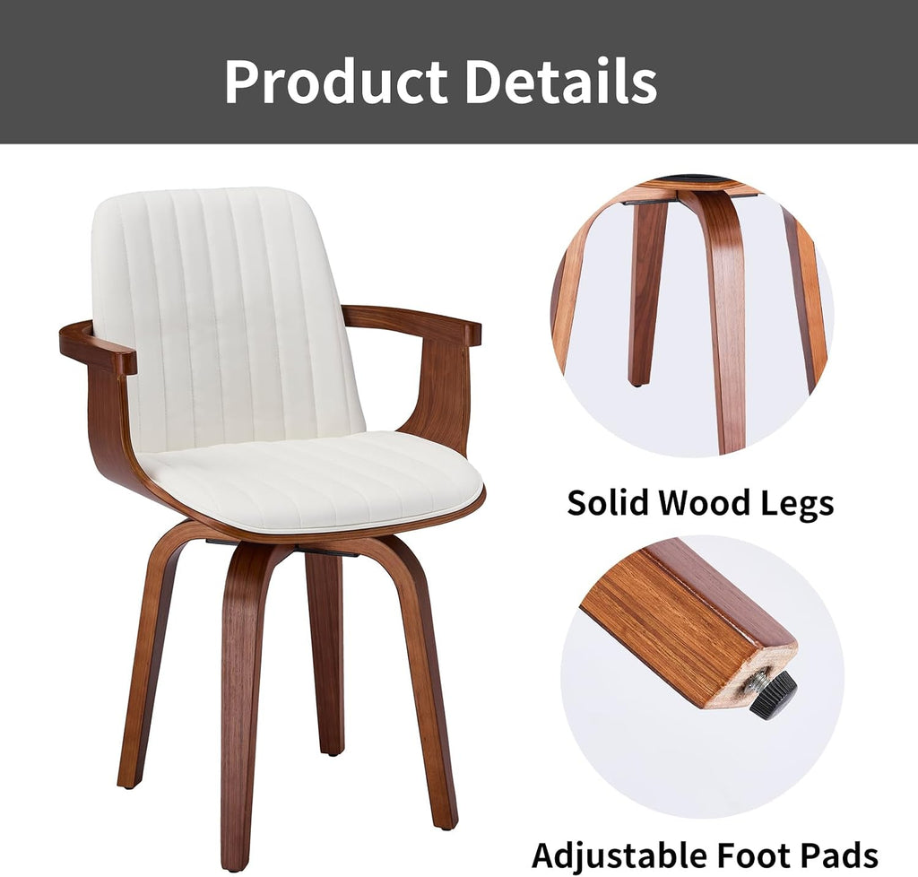 VipDesk Swivel Dining Chairs Set of 2 - Mid Century Modern Kitchen Chairs for Dining Room, Upholstered PU Leather Chairs with Walnut Arms and Legs, White