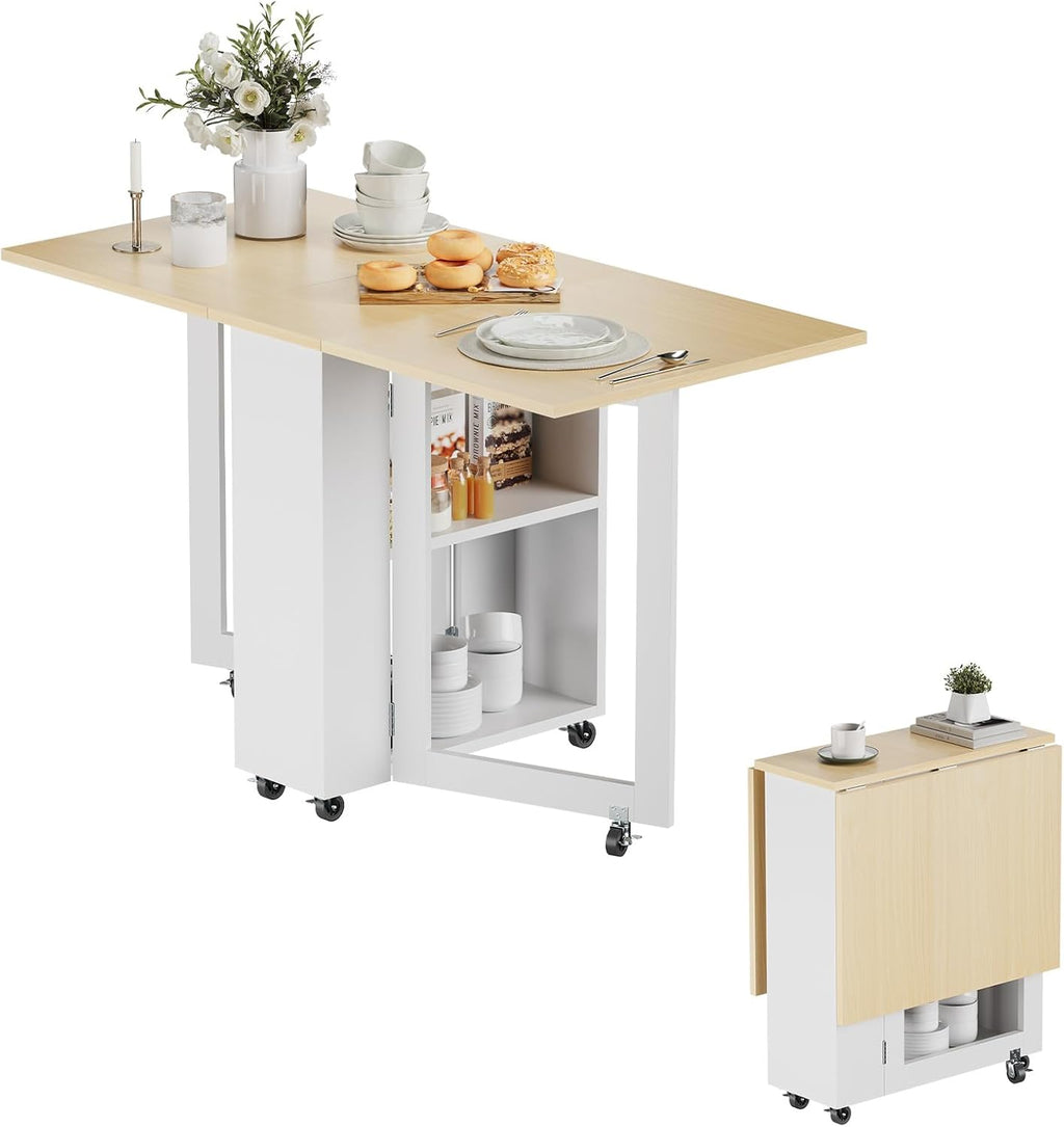 LotFun Folding Dining Table, Space-Saving Dining Table with 6 Rolling Wheels and 2-Tier Storage Shelf, Kitchen Table for Small Spaces