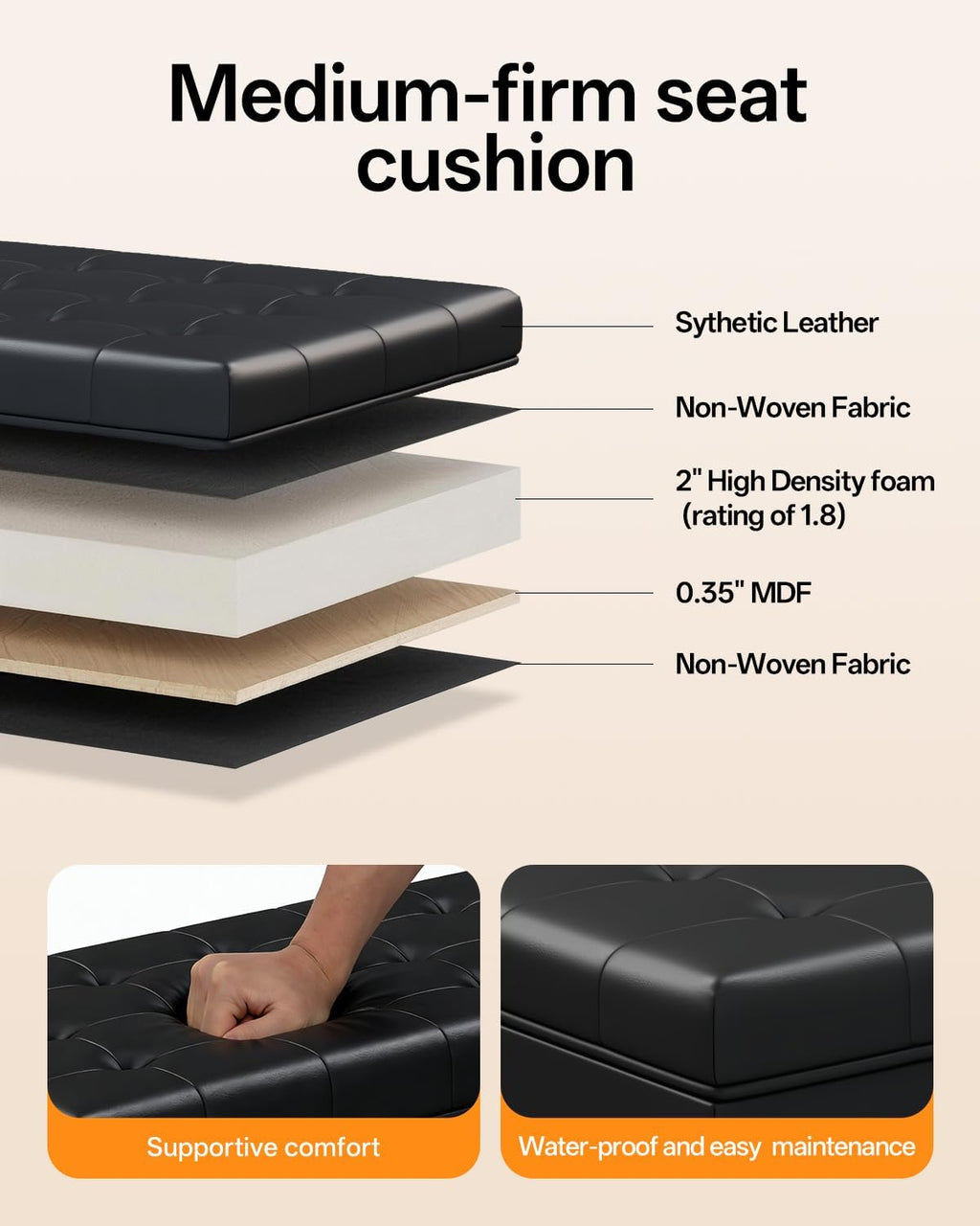 ABHENG Synthetic leather Storage ottoman bench with legs,43.5”W x 15.7”D x 15.7”H,metal frame end of bed bench hold up to 770 LB,Large Storage Chest hold up to 770 LB,Black UASND622B