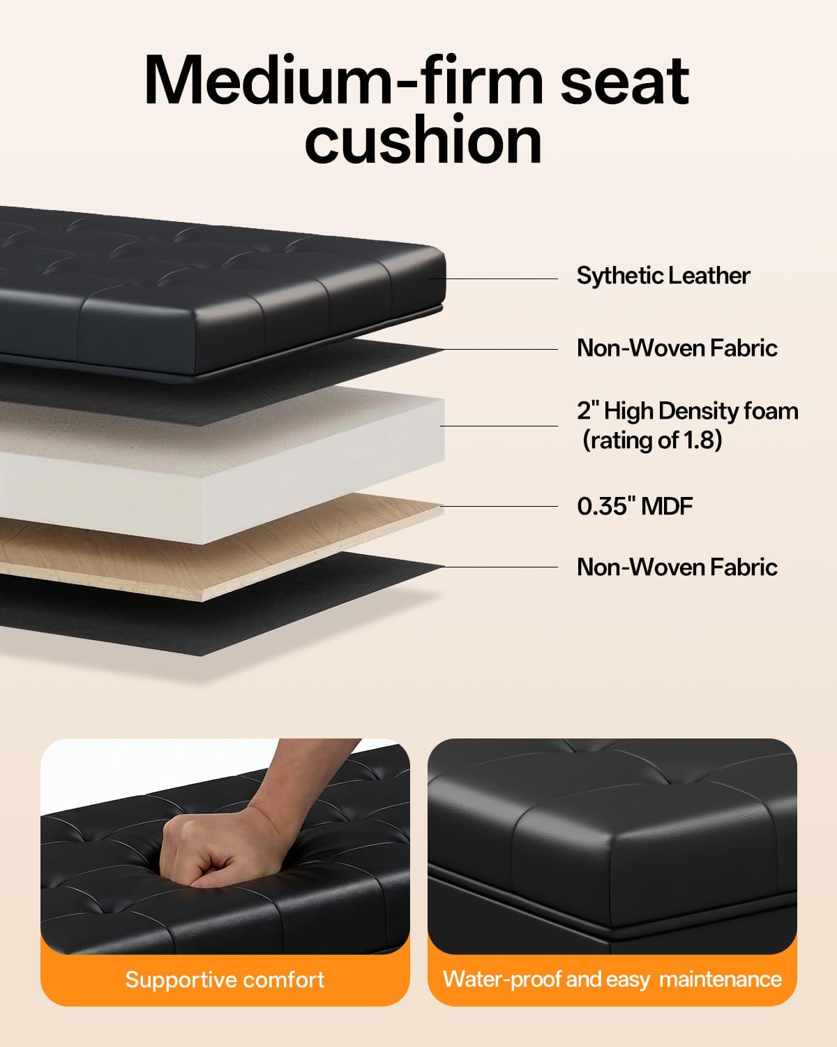 ABHENG Synthetic leather Storage ottoman bench with legs,43.5”W x 15.7”D x 15.7”H,metal frame end of bed bench hold up to 770 LB,Large Storage Chest hold up to 770 LB,Black UASND622B