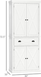HOMCOM 72" Kitchen Pantry Storage Cabinet, Traditional Freestanding Pantry Cabinet with 4 Doors and 2 Adjustable Shelves, Large Central Drawer, X-Frame, White