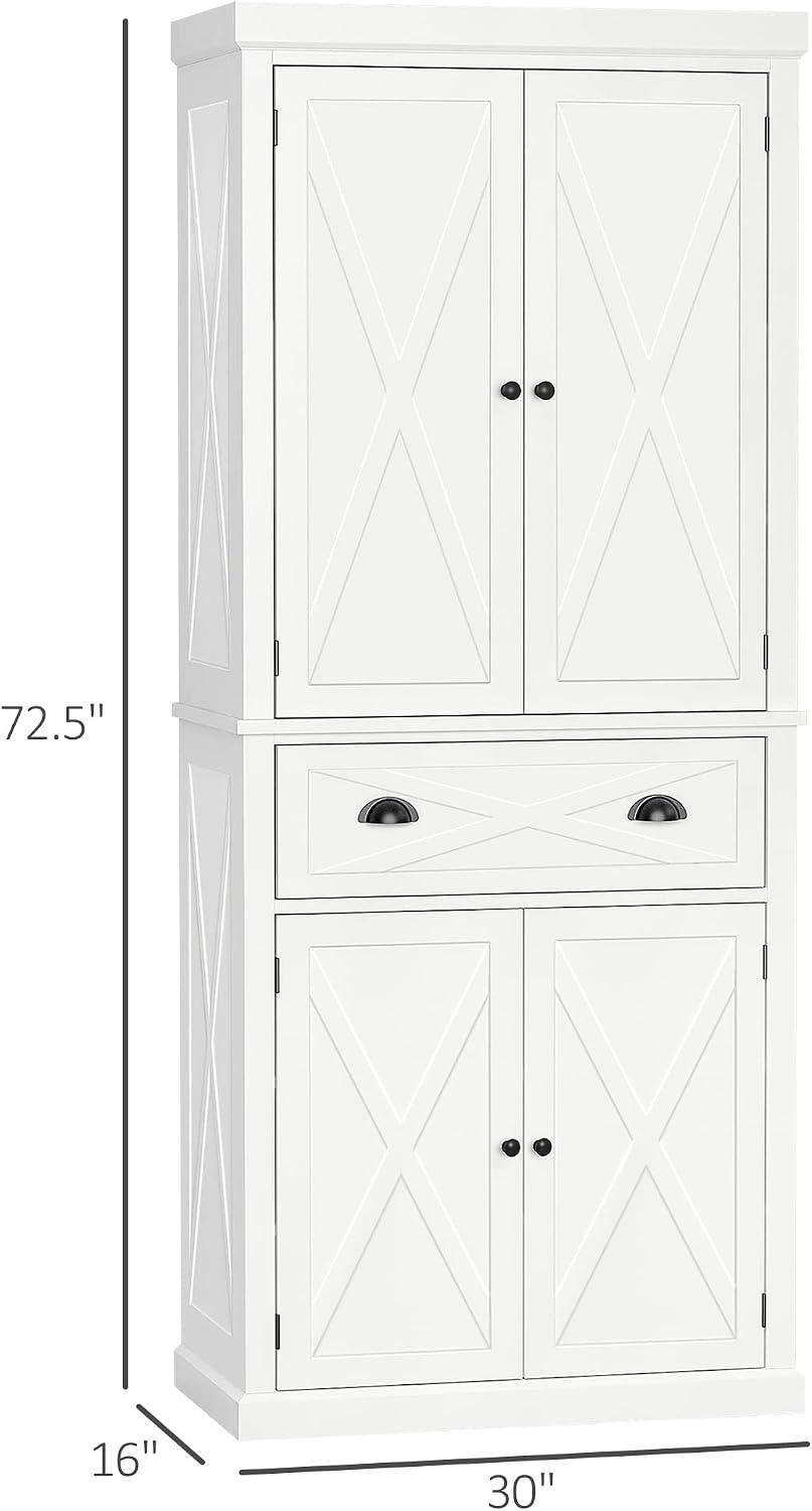 HOMCOM 72" Kitchen Pantry Storage Cabinet, Traditional Freestanding Pantry Cabinet with 4 Doors and 2 Adjustable Shelves, Large Central Drawer, X-Frame, White