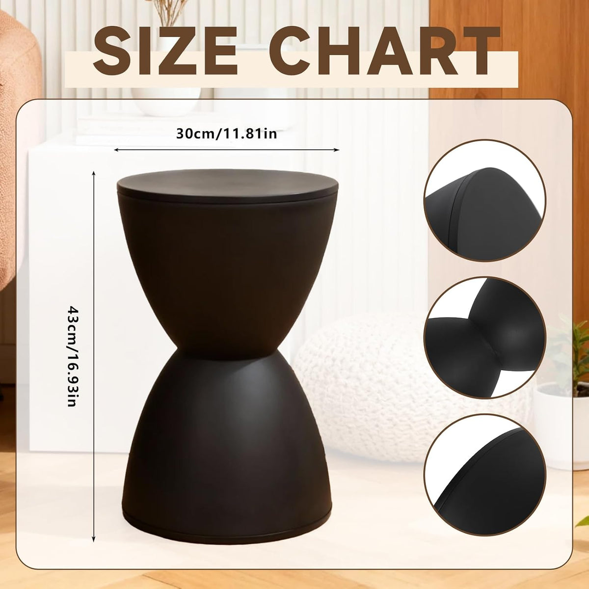 Hourglass Shaped Stool, Modern Side Table Round End Table Stool Attracting Attention Shoe Changing Home Use 43x30cm (Black)