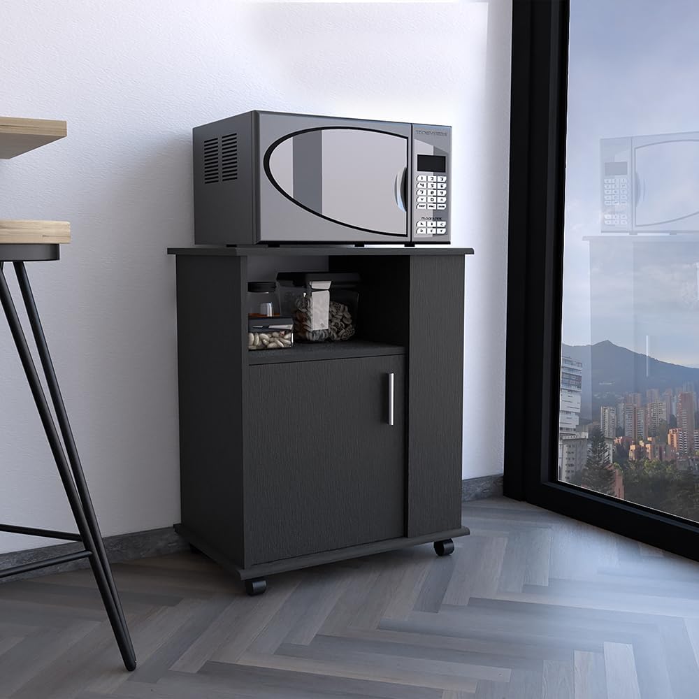 Lower Microwave Cabinet, Black - Compact Kitchen Storage with Open Shelves