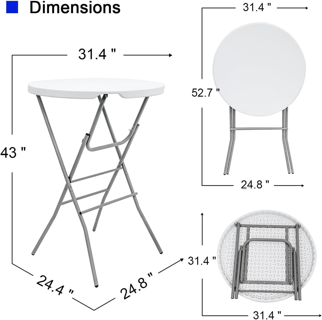2 PCS - 31.5" L X 31.5" W X 43" H - Cocktail Table White High Top Folding Table, Portable Bar Height Folding Table Round with Detachable Gray Legs