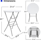 2 PCS - 31.5" L X 31.5" W X 43" H - Cocktail Table White High Top Folding Table, Portable Bar Height Folding Table Round with Detachable Gray Legs