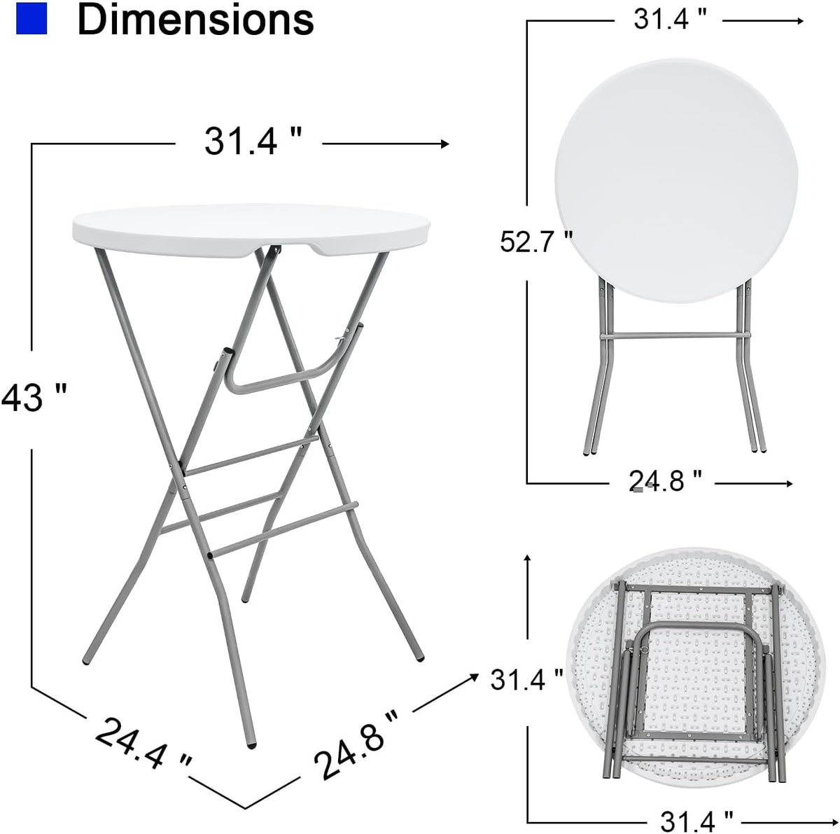 2 PCS - 31.5" L X 31.5" W X 43" H - Cocktail Table White High Top Folding Table, Portable Bar Height Folding Table Round with Detachable Gray Legs