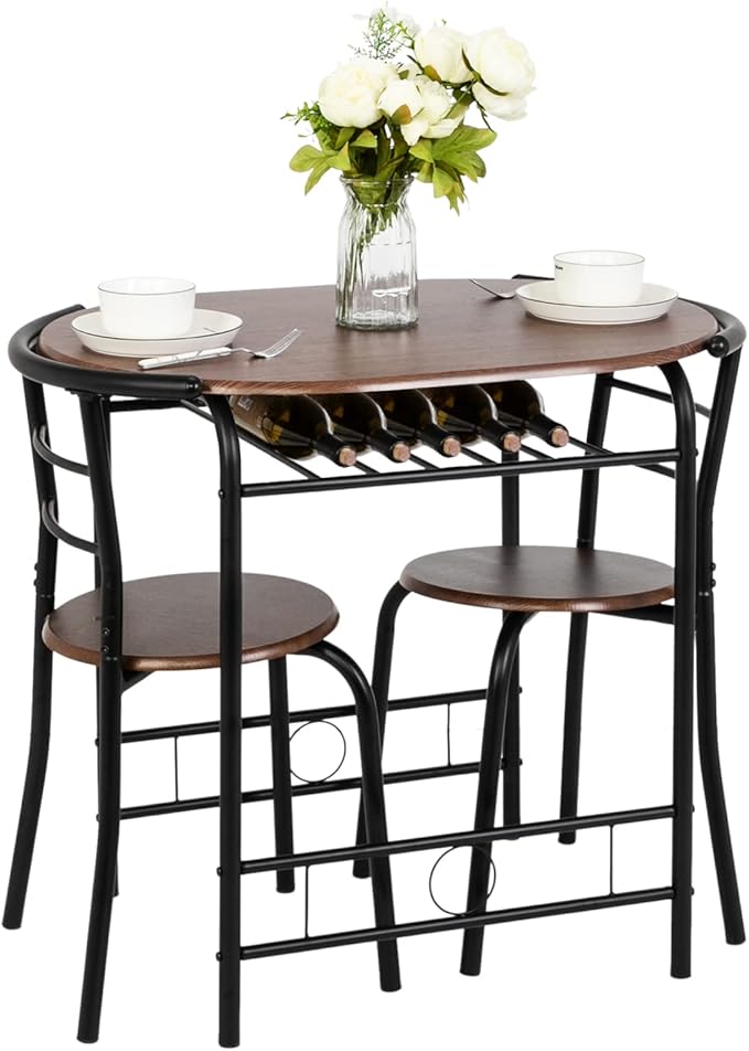 VINGLI 3 Piece Dining Set,Small Kitchen Table Set for 2,Breakfast Table Set for 2,Kitchen Wooden Table and 2 Chairs for Small Space/Dining Room/Apartment,Metal Frame,Wine Rack,Black&Walnut