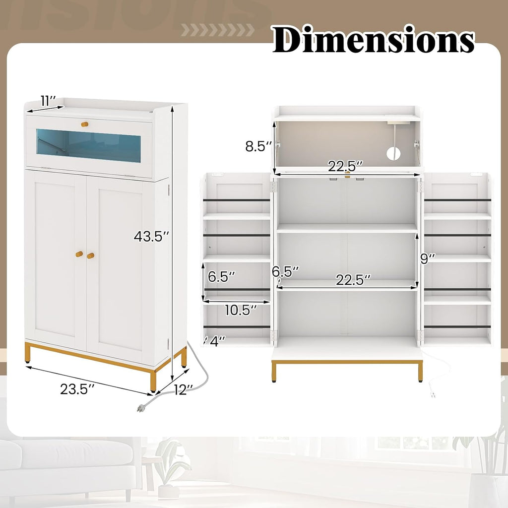 LOKO Kitchen Pantry Cabinet, Freestanding Food Storage Cupboard with Power Outlet & APP Control LED Lights, Modern Buffet Sideboard with Acrylic Flip Door & Shelves for Dining Room, White and Gold