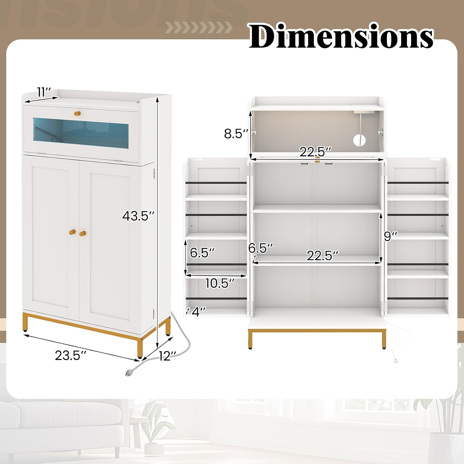 LOKO Kitchen Pantry Cabinet, Freestanding Food Storage Cupboard with Power Outlet & APP Control LED Lights, Modern Buffet Sideboard with Acrylic Flip Door & Shelves for Dining Room, White and Gold