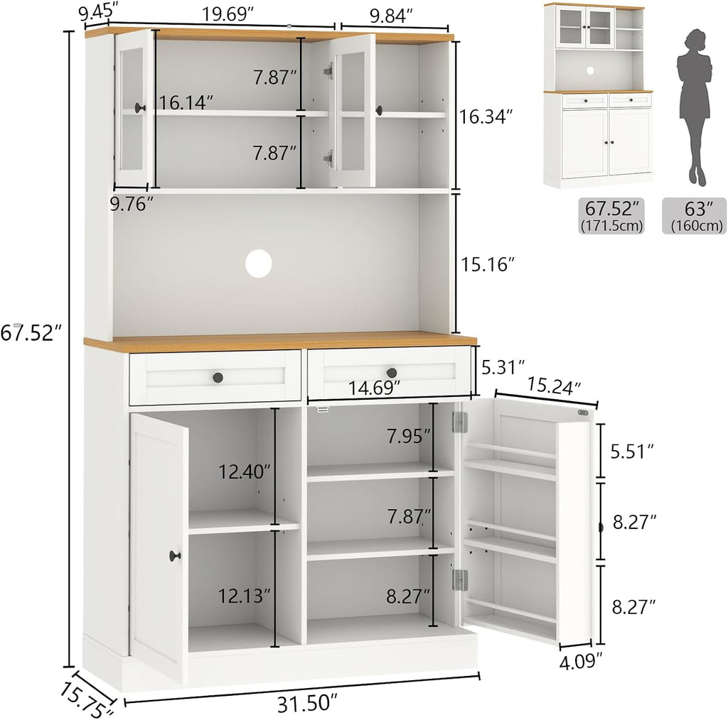 Tall Kitchen Pantry Cabinet, Modern Kitchen Hutch with Microwave Stand | Pantry Storage Cabinet with 2 Darwers & Door Shelf, Food Pantry with Glass Doors & Adjustable Shelves for Dining Room, White