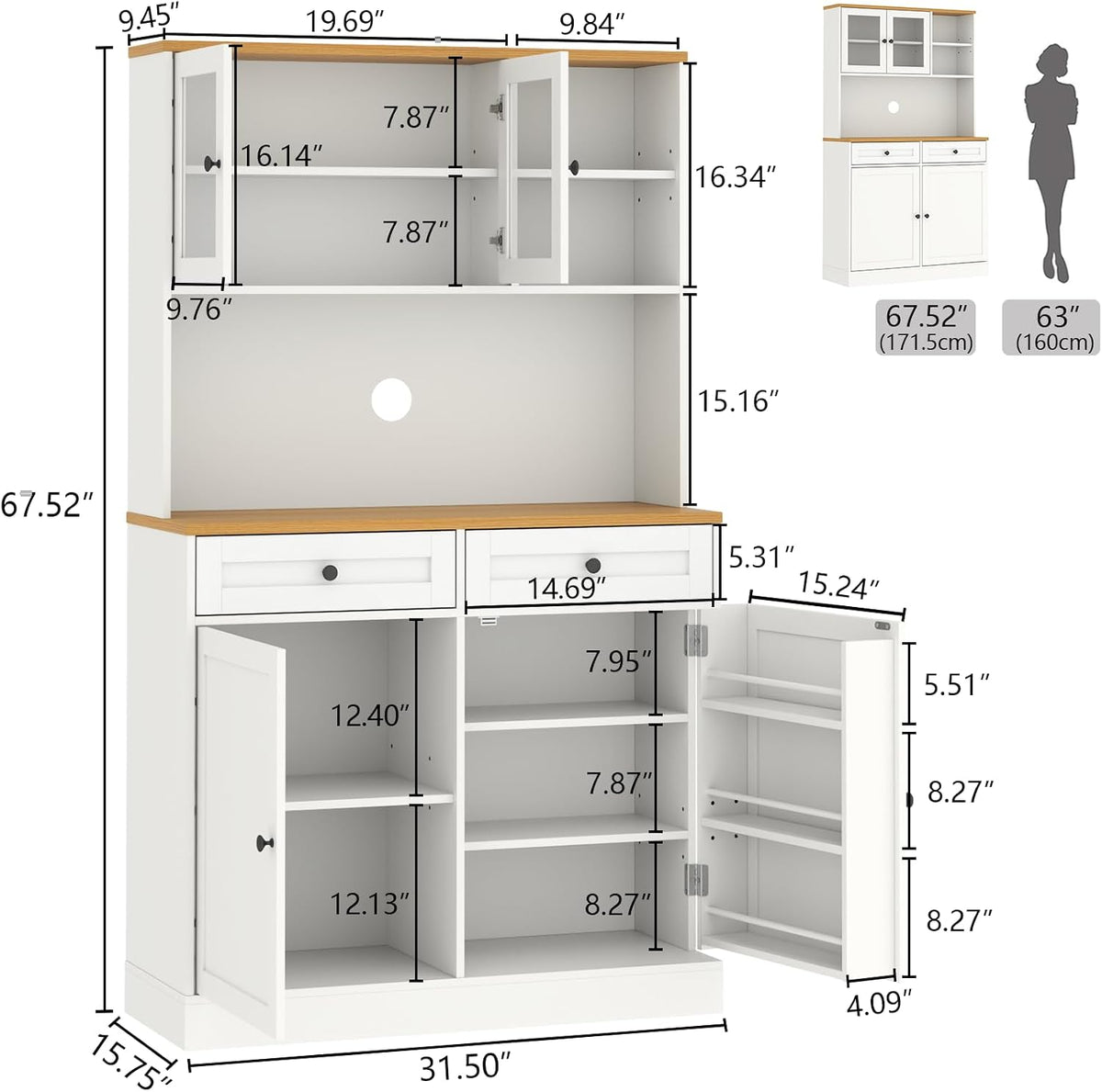 Tall Kitchen Pantry Cabinet, Modern Kitchen Hutch with Microwave Stand | Pantry Storage Cabinet with 2 Darwers & Door Shelf, Food Pantry with Glass Doors & Adjustable Shelves for Dining Room, White