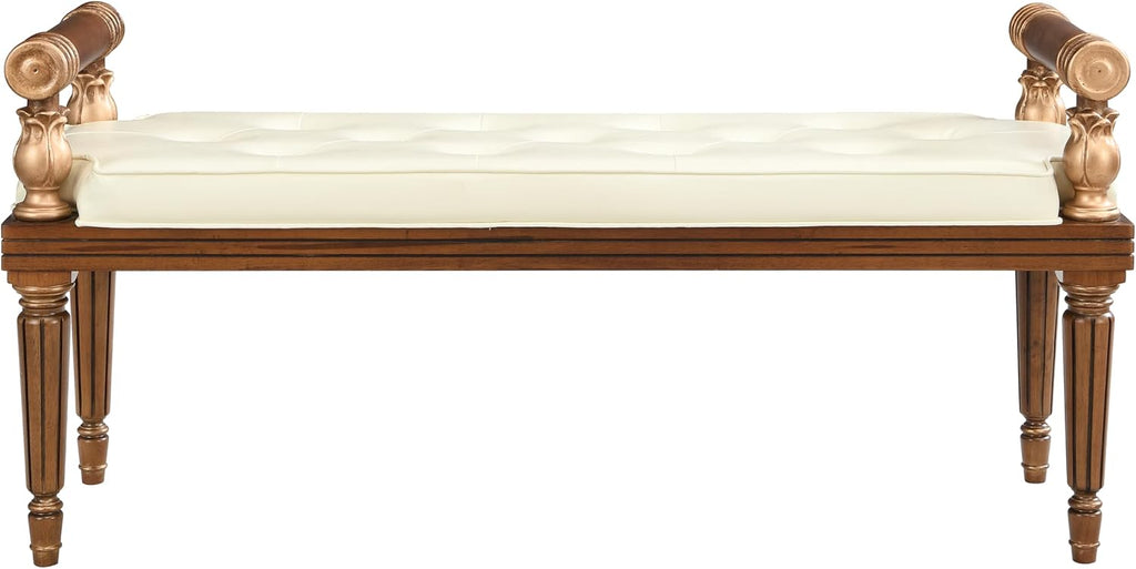 Christopher Knight Home Yae Luxurious PU Leather Upholstered End of Bed Ottoman, Wooden Living Room Ottoman Bench with Fluted Legs/Cylindrical Arm, Long Entryway Bench with Button Tufting, Brown+Beige
