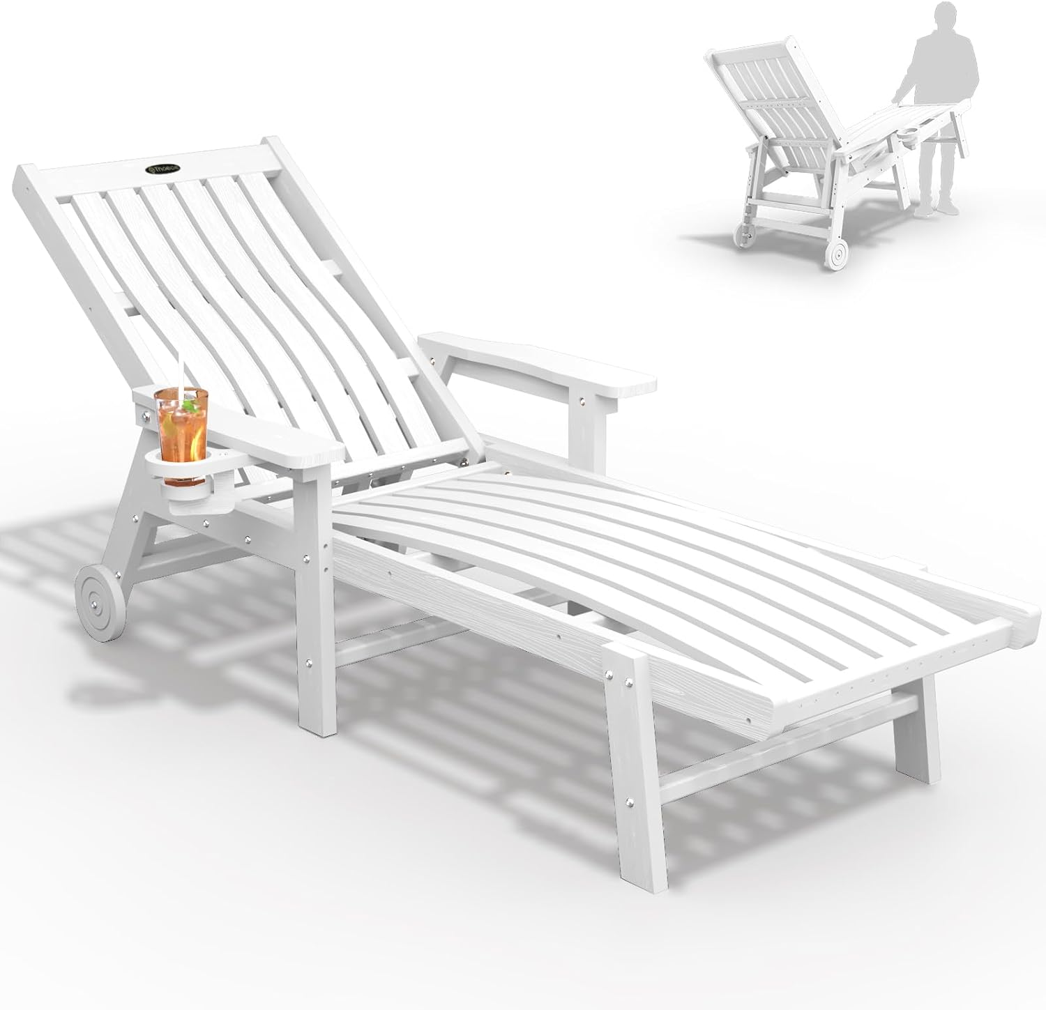 THOEOE Patio Chaise Lounge Chair,HDPE Lounge Chair Outdoor with Wheels | Oversized pool lounge chairs with cup holder, 5 adjustable position for patio,outside,pool,deck