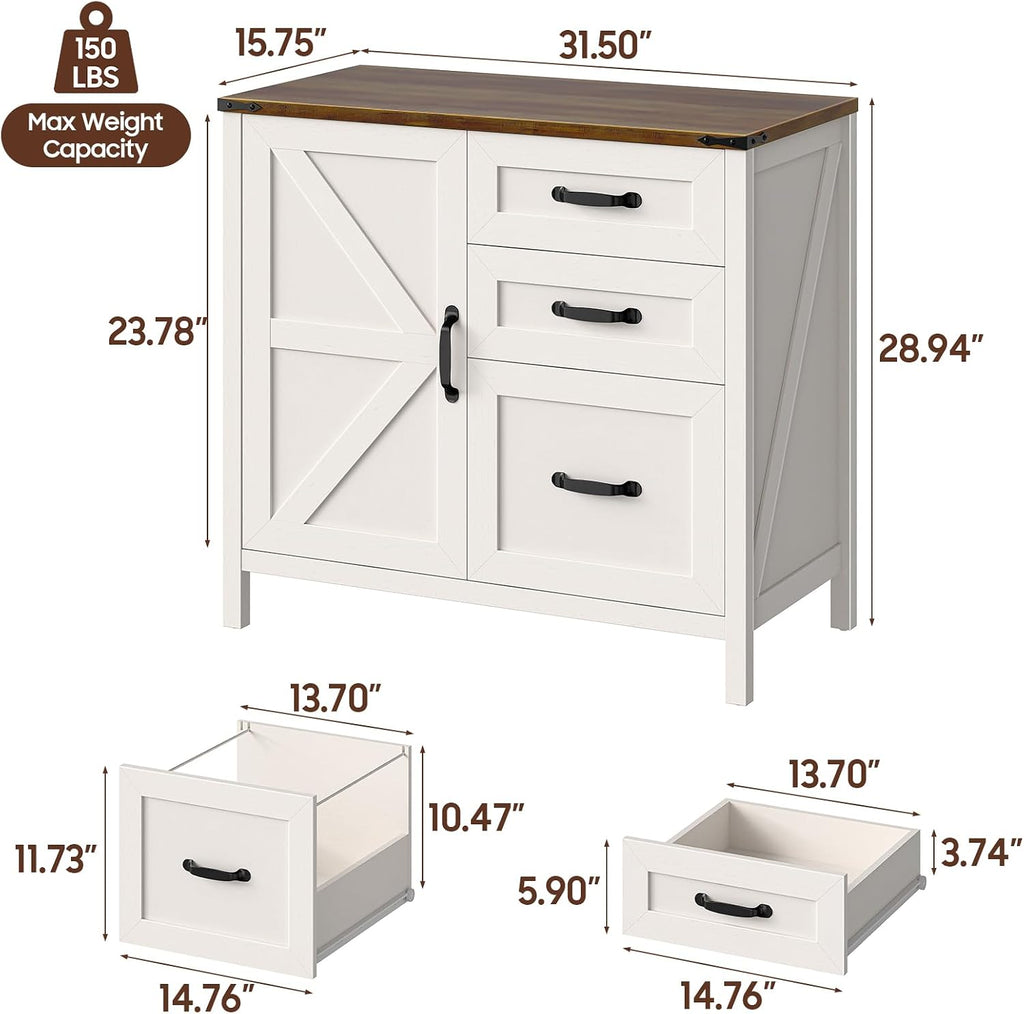 Befrases File Cabinet 3 Drawers Lateral File Cabinet with Adjustable Shelf for Letter/A4 Size Hanging Files, Large Wood File Storage Cabinets Printer Stand for Home Office, Rustic White