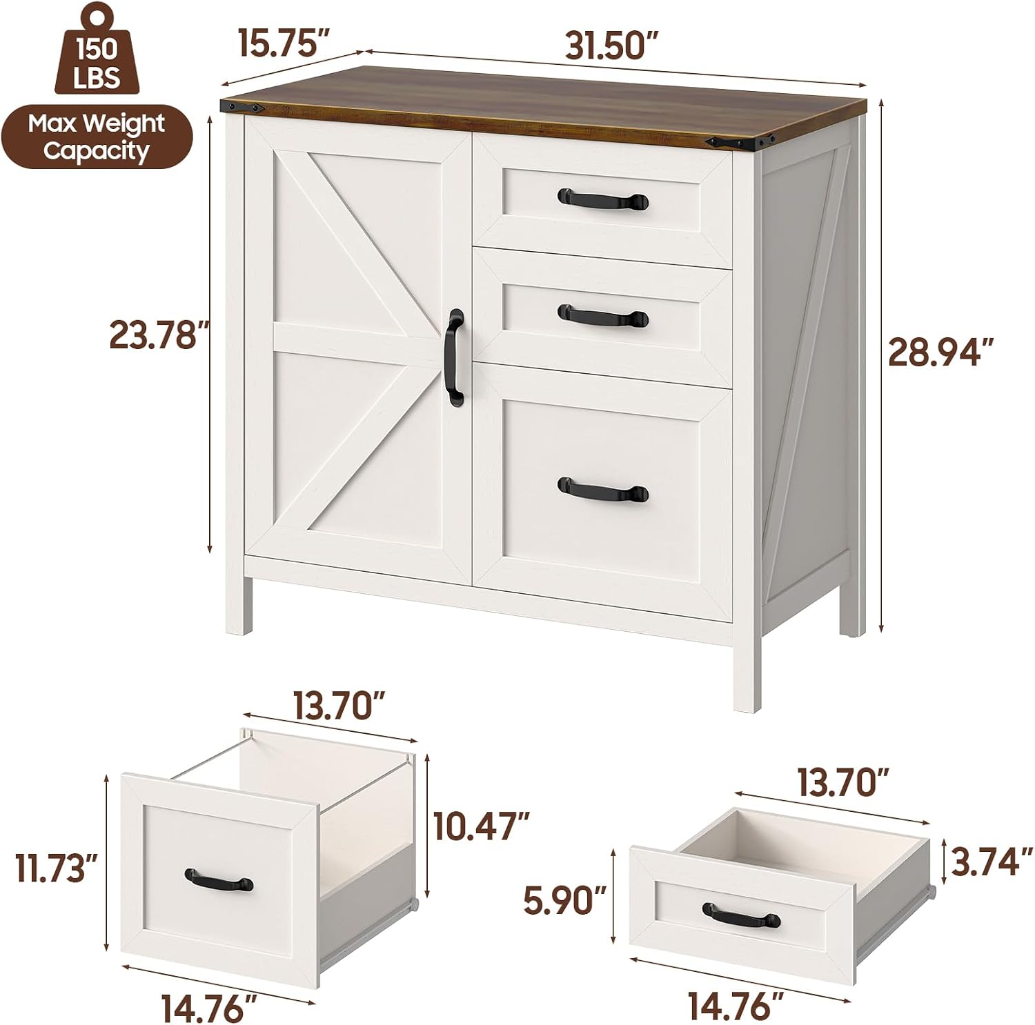 Befrases File Cabinet 3 Drawers Lateral File Cabinet with Adjustable Shelf for Letter/A4 Size Hanging Files, Large Wood File Storage Cabinets Printer Stand for Home Office, Rustic White