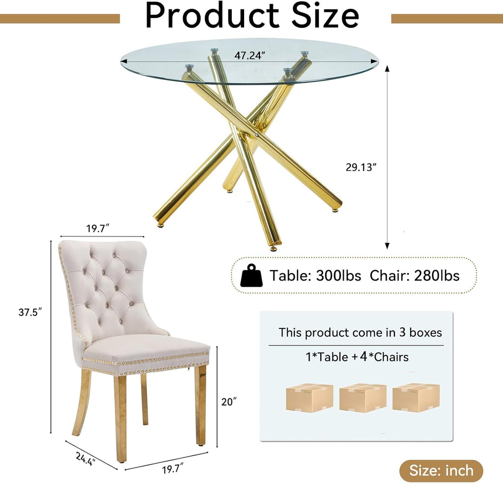 Round Glass Dining Table Set for 4, Small Kitchen Table Set for 4, 47" Circle Gold Glass Dinner Table for 4 with Beige Velvet Chairs, 5 Piece Dining Room Table Set for 4 for Breakfast Dinette Cafe